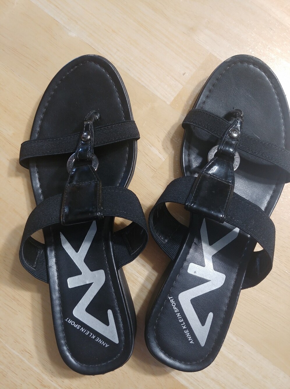 Anne Klein Sport Black Elastic Strap Slide Sandals